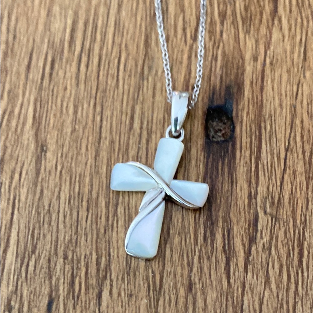 Silver and White Cross Pendant Necklace - Picture 5 of 8